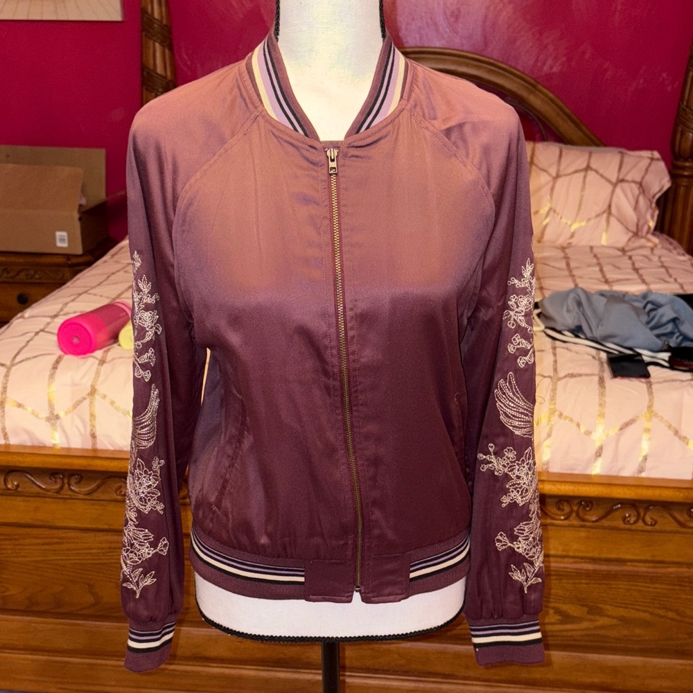 American Eagle Outfitters Embroidered Mauve Bomber Jacket